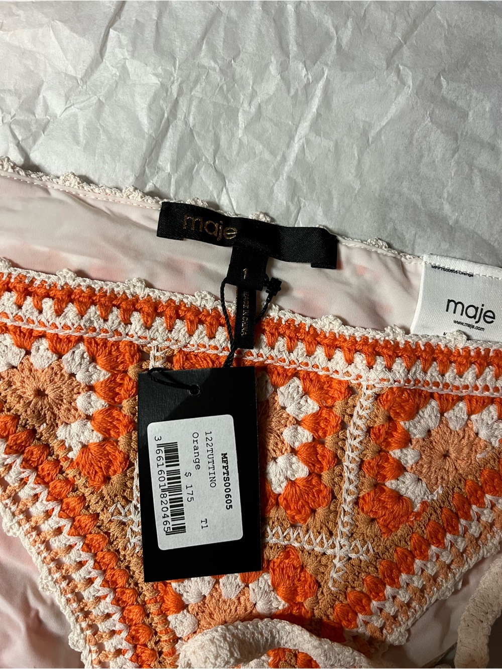 Maje Peach and White Crochet Tie-Side Bikini - Picture 4 of 5